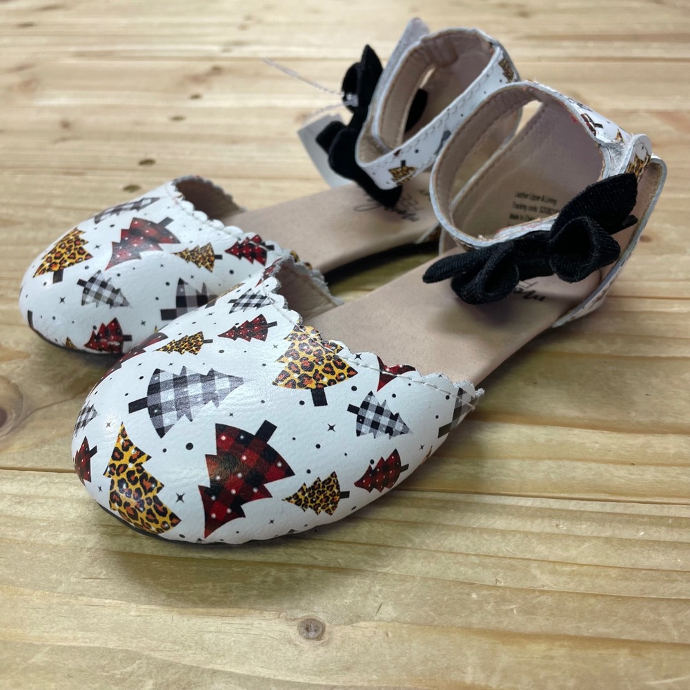 Monkey‎ Feet Girls Christmas Tree Leopard Plaid Bow Ankle Strap Flats Shoes 3-4Y